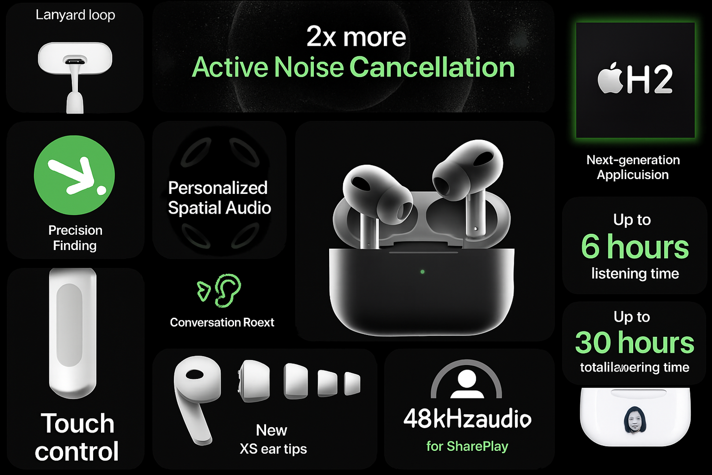 '- Apple AirPods Pro 2 Advanced ANC, Dynamic Head Tracking & USB-C Charging