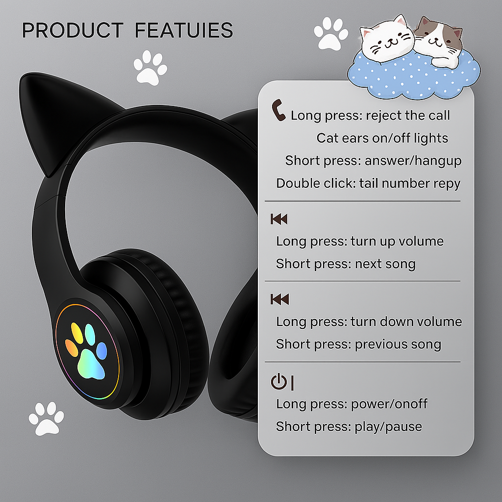 STN-28 Bluetooth Headset Stylish Cat Design, Deep Bass
