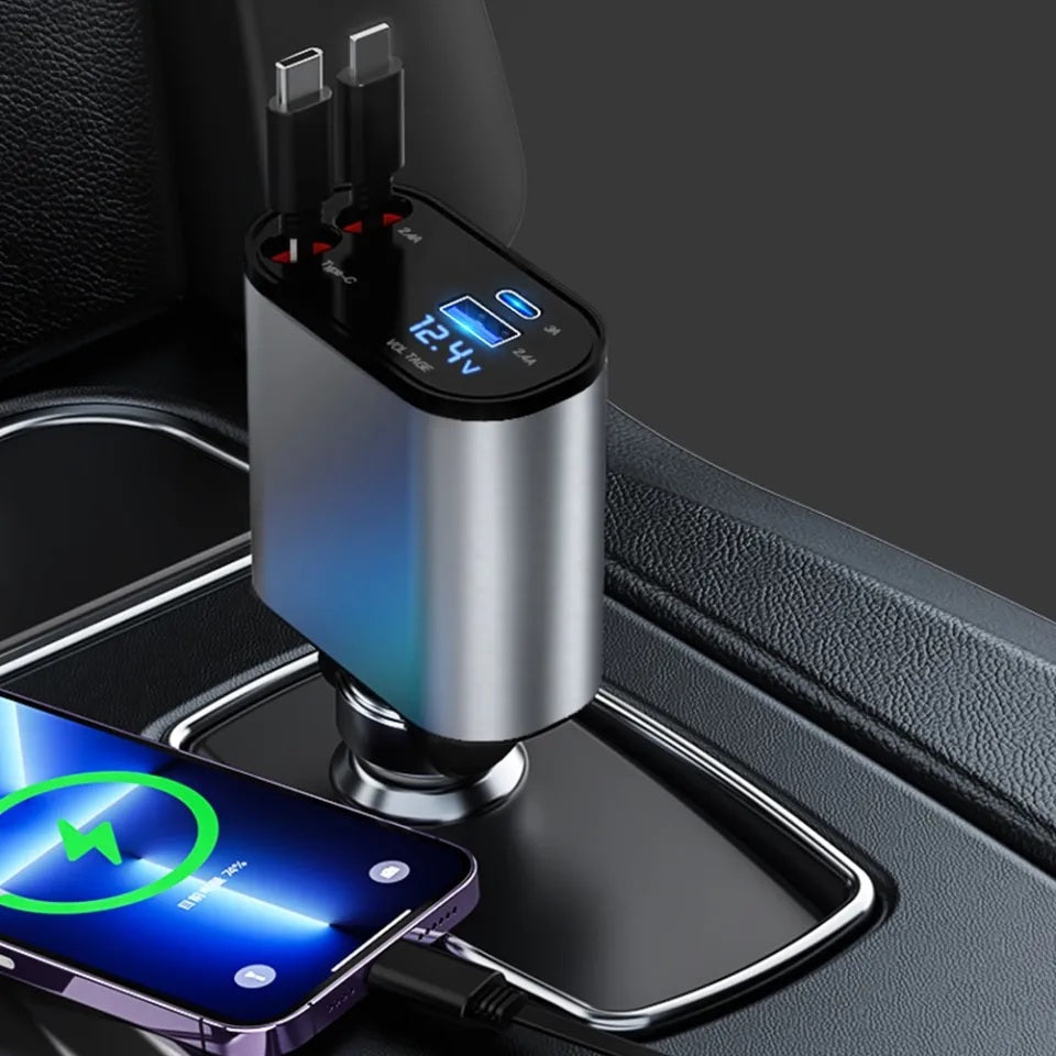 "120W Retractable Fast Car Charger 4-in-1 USB-C PD QC3.0 Adapter