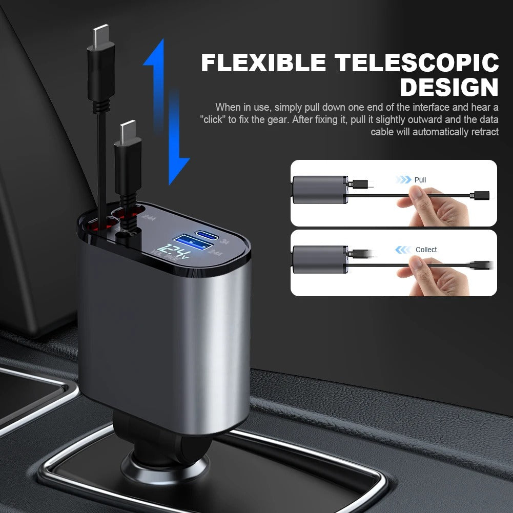 "120W Retractable Fast Car Charger 4-in-1 USB-C PD QC3.0 Adapter