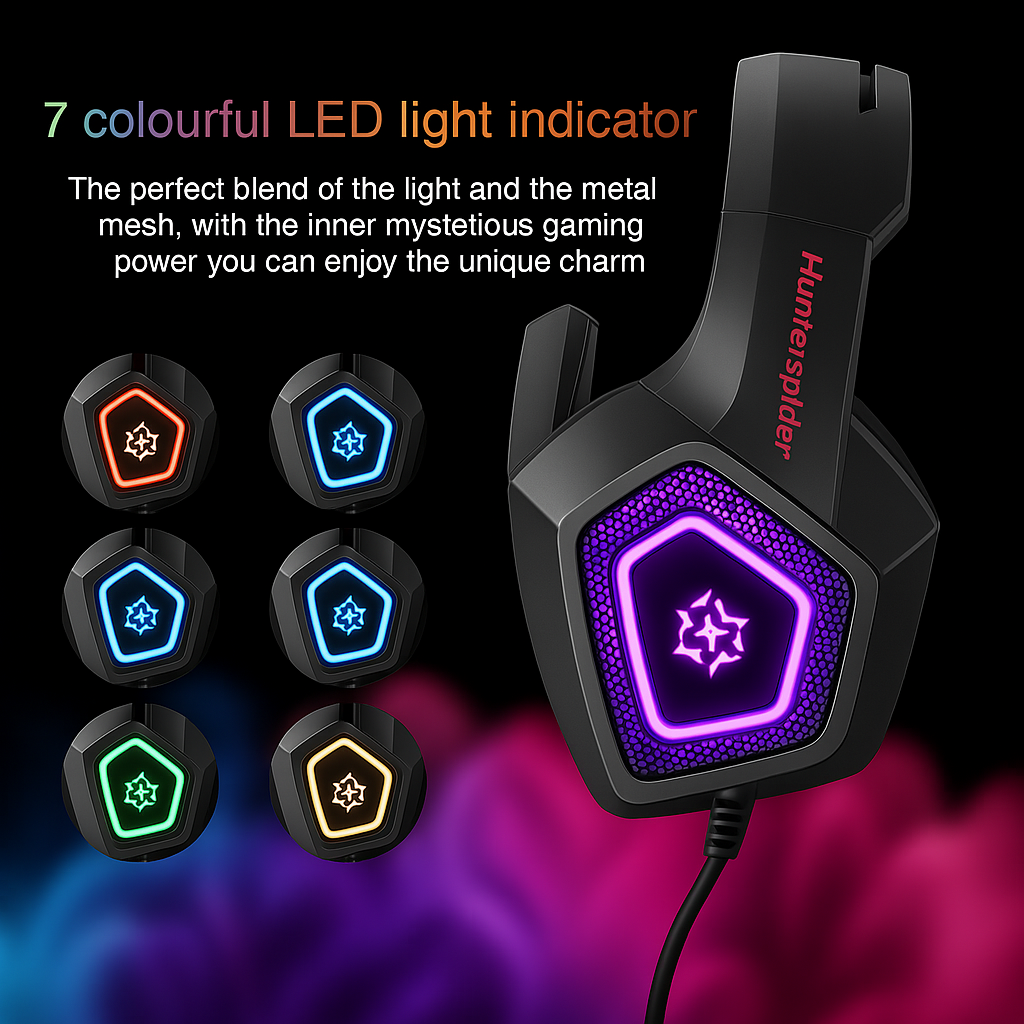 HUNTERSPIDER Headphones for Gaming Bold Design, Lag-Free Mic & Surround Sound