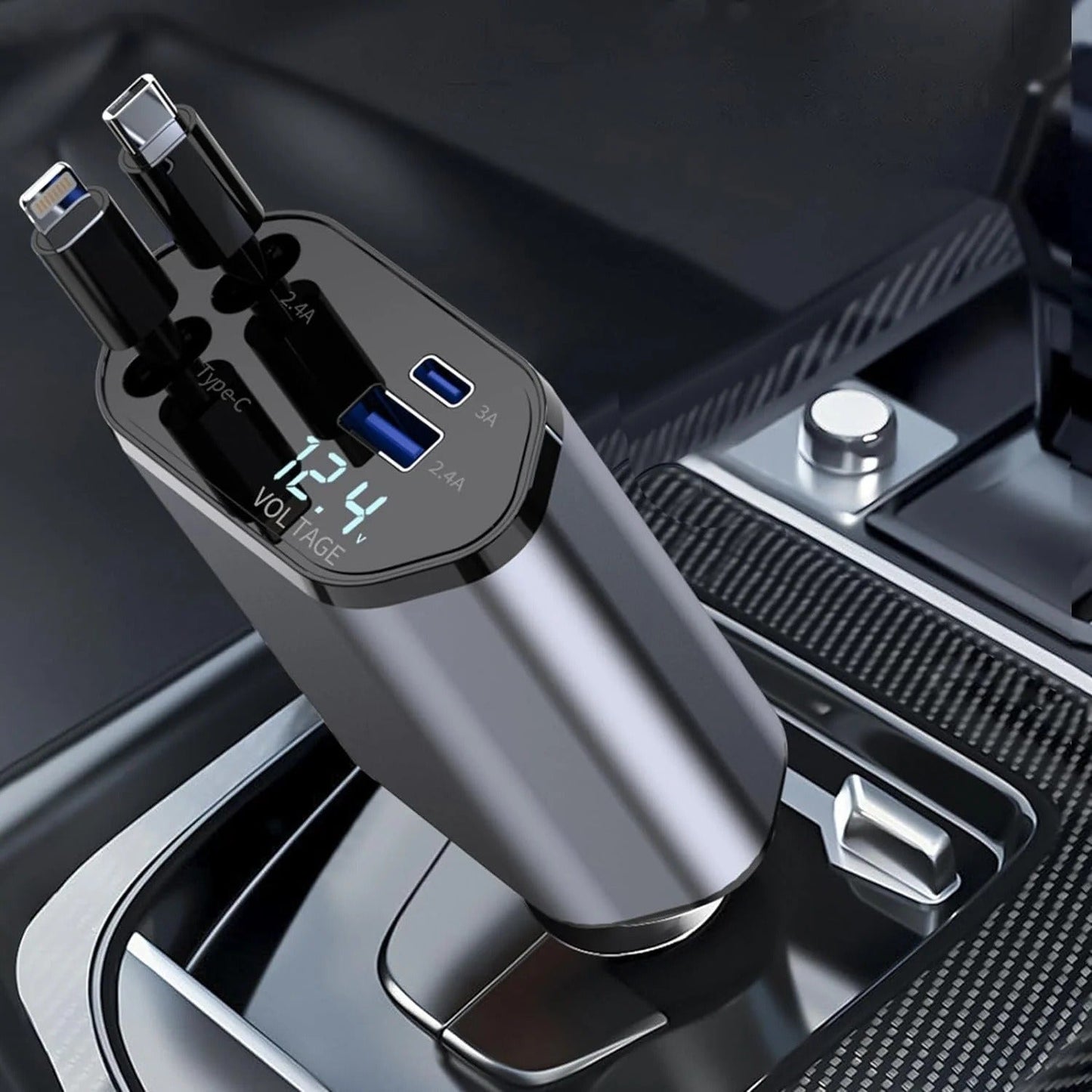 "120W Retractable Fast Car Charger  4-in-1 USB-C PD QC3.0 Adapter