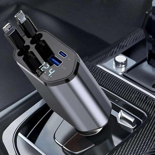 "120W Retractable Fast Car Charger  4-in-1 USB-C PD QC3.0 Adapter