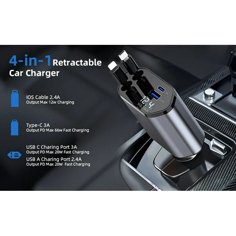 "120W Retractable Fast Car Charger  4-in-1 USB-C PD QC3.0 Adapter